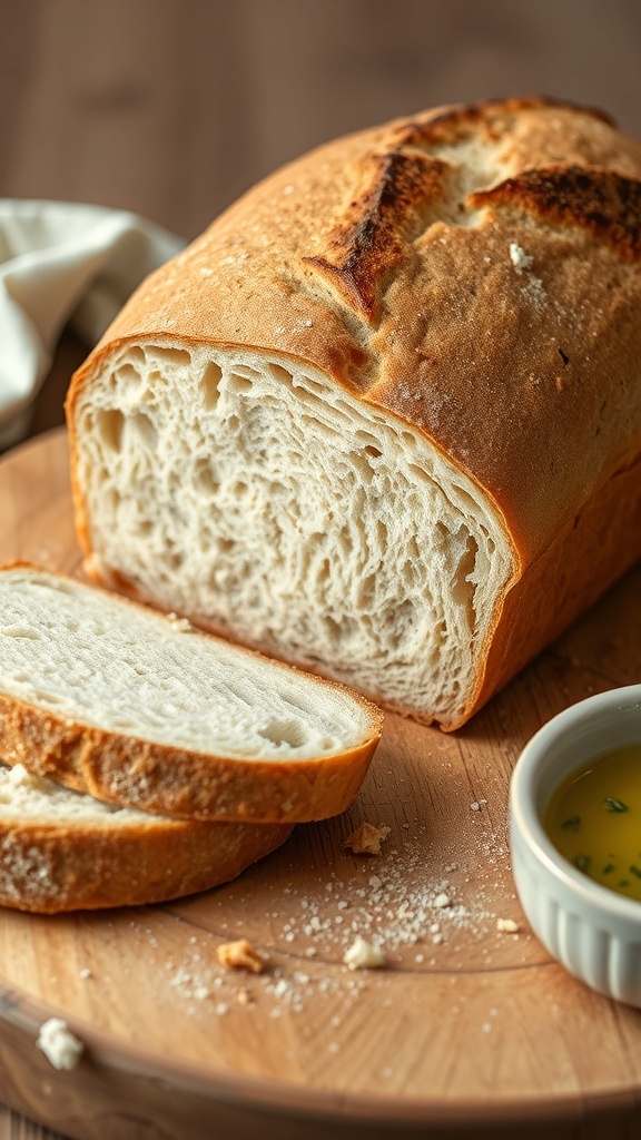50/50 Whole Wheat Sourdough Bread Recipe Sliced whole wheat sourdough bread on a wooden board with olive oil and herbs.